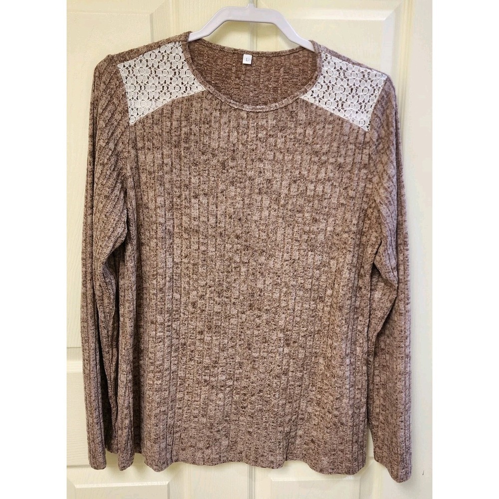 Women Brown Knitted Top With Lace Floral Design Size Large